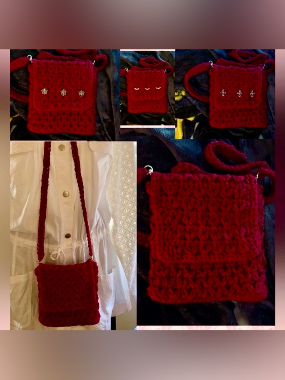 Crochet Handmade Purse in Burgundy choose your option to added Charms